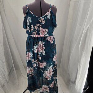 718-14 City Chic Teal Floral Cold shoulder Maxi Dress Size 16